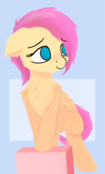 Size: 903x1500 | Tagged: safe, artist:rhythmpixel, character:fluttershy, species:pegasus, species:pony, alternate hairstyle, belly button, blushing, chest fluff, female, floppy ears, folded wings, head turn, looking away, mare, no pupils, short hair, smiling, solo, three quarter view, wings