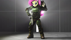 Size: 3840x2160 | Tagged: safe, artist:popa-3d-animations, character:fluttershy, my little pony:equestria girls, 3d, armor, clothing, cosplay, costume, doom, doom slayer, female, gun, power armor, rifle, solo, weapon