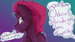 Size: 5600x3150 | Tagged: safe, artist:feathershine1, character:tempest shadow, species:pony, species:unicorn, my little pony: the movie (2017), dialogue, eye scar, female, horn, looking at each other, mare, scar, sparking horn, speech bubble
