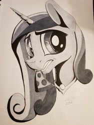 Size: 3024x4032 | Tagged: safe, artist:sigilponies, character:princess cadance, species:alicorn, species:pony, bust, female, food, grayscale, ink drawing, meat, monochrome, peetzer, pepperoni, pepperoni pizza, pizza, portrait, solo, that pony sure does love pizza, traditional art