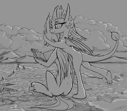 Size: 1746x1527 | Tagged: safe, artist:vladimir-olegovych, character:silverstream, character:smolder, species:classical hippogriff, species:dragon, species:hippogriff, book, dragoness, female, grayscale, guess who, implied lesbian, monochrome, mountain, ocean, reading, scenery