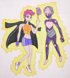 Size: 559x625 | Tagged: safe, artist:metalamethyst, character:scootaloo, oc, species:human, aura, baseball cap, belly button, cap, clothing, crossover, fingerless gloves, gloves, hat, humanized, jacket, jojo's bizarre adventure, leather jacket, midriff, older, older scootaloo, shoes, shorts, simple background, sneakers, stand, tank top, traditional art, white background