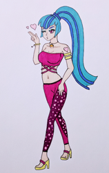 Size: 394x625 | Tagged: safe, artist:metalamethyst, character:sonata dusk, species:human, episode:find the magic, equestria girls:sunset's backstage pass, g4, my little pony: equestria girls, my little pony:equestria girls, spoiler:eqg series (season 2), bracelet, breasts, cleavage, clothing, feet, floating heart, heart, jewelry, kissy face, midriff, one eye closed, pants, ponytail, shoes, simple background, tank top, traditional art, white background, wink