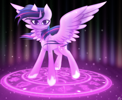 Size: 7000x5700 | Tagged: safe, artist:those kids in the corner, character:twilight sparkle, character:twilight sparkle (alicorn), species:alicorn, species:pony, absurd resolution, female, glow, looking at you, magic, magic circle, mare, runes, solo, standing, wings