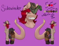 Size: 2522x1963 | Tagged: safe, alternate version, artist:blacksky1113, oc, oc only, oc:sidewinder, oc:slithers, species:pony, bag, bandage, beauty mark, boots, clothing, dagger, ear piercing, earring, fangs, fedora, female, gloves, hat, jeans, jewelry, knife, mare, original species, pants, piercing, purple background, reference sheet, scar, shirt, shoes, simple background, snake, snake bites, snake pony, snake tail, solo, sweater, weapon, whip