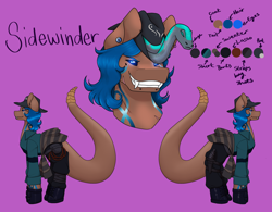 Size: 2522x1963 | Tagged: safe, alternate version, artist:blacksky1113, oc, oc only, oc:sidewinder, oc:slithers, species:pony, bandage, beauty mark, black sclera, boots, clothing, colored sclera, dagger, ear piercing, earring, fangs, fedora, female, gloves, glowing eyes, hat, jeans, jewelry, knife, mare, original species, pants, piercing, purple background, reference sheet, scar, shirt, shoes, simple background, snake, snake bites, snake pony, snake tail, solo, sweater, tattoo, weapon, whip