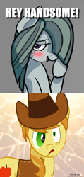 Size: 576x1215 | Tagged: safe, artist:invidlord, artist:riggyrag, edit, character:braeburn, character:marble pie, species:earth pony, species:pony, ship:braeble, bedroom eyes, blushing, caption, crack shipping, cute, faec, female, flirty, hair over one eye, hello, male, marblebetes, reaction, shipping, shocked, shy, speechless, straight, turned on