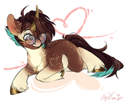 Size: 880x700 | Tagged: safe, artist:joonyash, rcf community, oc, oc only, species:pony, species:unicorn, blushing, female, glasses, mare, prone, relaxing, solo, trade, unshorn fetlocks