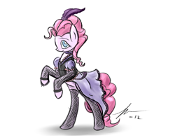 Size: 2000x1600 | Tagged: safe, artist:wreky, character:pinkie pie, species:earth pony, species:pony, episode:over a barrel, g4, my little pony: friendship is magic, clothing, cute, diapinkes, dress, feather, female, fishnets, mare, no pupils, rearing, saloon pinkie, simple background, solo, white background