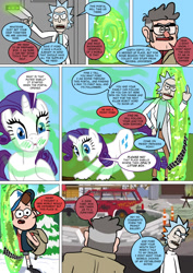 Size: 800x1133 | Tagged: safe, artist:imbriaart, character:rarity, species:human, species:pony, species:unicorn, comic:magic princess war, car, clothing, comic, crossover, dipper pines, ford pines, gravity falls, middle finger, portal, rick and morty, rick sanchez, suggestive series, tree, vulgar