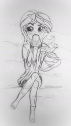 Size: 1120x1984 | Tagged: safe, artist:alienpauline483, character:sunset shimmer, my little pony:equestria girls, autumn, coffee, cold, drinking, sitting, sketch, sunset shimmer day, traditional art