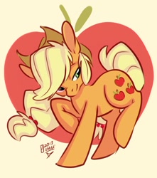 Size: 1024x1157 | Tagged: safe, artist:thatweirdpigeonlady, character:applejack, species:earth pony, species:pony, abstract background, apple, clothing, cowboy hat, cute, female, food, hat, jackabetes, long ears, looking back, mare, solo