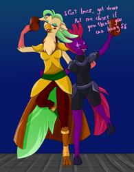 Size: 3512x4512 | Tagged: safe, alternate version, artist:foylertf, character:captain celaeno, character:tempest shadow, species:anthro, my little pony: the movie (2017), breasts, broken horn, busty tempest shadow, clothing, drunk, eye scar, eyes closed, horn, parrot pirates, pirate, scar, song reference, text