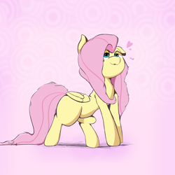 Size: 2500x2500 | Tagged: safe, artist:rainyvisualz, character:fluttershy, species:pegasus, species:pony, abstract background, female, folded wings, heart, lidded eyes, looking up, mare, missing cutie mark, solo, standing, wings