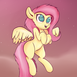 Size: 2500x2500 | Tagged: safe, artist:rainyvisualz, character:fluttershy, species:pegasus, species:pony, cute, female, flying, high res, hooves to the chest, mare, missing cutie mark, no pupils, open mouth, shyabetes, smiling, solo, spread wings, three quarter view, wings