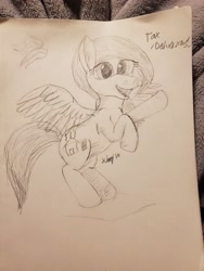 Size: 3024x4032 | Tagged: safe, artist:kalashnikitty, oc, oc only, oc:flugel, species:pegasus, species:pony, black and white, female, grayscale, happy, horse taxes, mare, monochrome, sketch, solo, taxes, traditional art