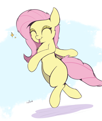 Size: 2100x2500 | Tagged: safe, artist:rainyvisualz, character:fluttershy, species:pony, bipedal, blep, chest fluff, cute, eyes closed, female, leg fluff, missing cutie mark, shyabetes, simple background, smiling, solo, three quarter view, tongue out, white background, wingless