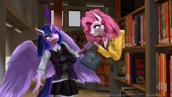 Size: 1280x720 | Tagged: safe, artist:zsnowfilez, character:pinkie pie, character:twilight sparkle, character:twilight sparkle (alicorn), species:alicorn, species:anthro, species:pony, 3d, book, bookshelf, exclamation point, sweater vest
