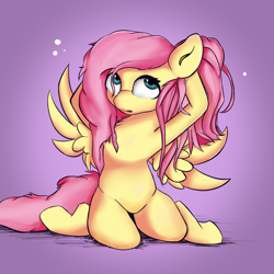 Size: 2500x2500 | Tagged: safe, artist:rainyvisualz, character:fluttershy, species:pegasus, species:pony, arm behind head, cute, female, mare, shyabetes, sitting, solo, spread wings, wings