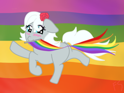Size: 672x506 | Tagged: safe, artist:fskindness, oc, species:pony, dock, female, flag, flag waving, gay pride flag, lesbian, lgbt, pride, pride background, pride flag