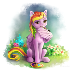 Size: 1101x1080 | Tagged: safe, artist:vyazinrei, oc, oc only, oc:candy clumsy, species:pegasus, species:pony, female, flower, mare, paintbrush, palette, sitting