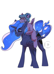Size: 1795x2450 | Tagged: safe, artist:dodo, character:princess luna, oc, oc:nightwatch, species:alicorn, species:bat pony, species:pony, bat pony oc, bedroom eyes, canon x oc, commission, couple, cute, digital art, duo, ethereal mane, eyes closed, female, folded wings, horn, horsebackriding, lesbian, lidded eyes, mare, ponies riding ponies, riding, simple background, smiling, wings, ych result