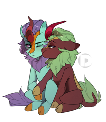 Size: 1700x1955 | Tagged: safe, artist:dodo, character:cinder glow, character:summer flare, oc, oc:blazing frost, species:kirin, g4, bedroom eyes, canon x oc, cinderbetes, cloven hooves, colored hooves, cute, eyebrows, female, floppy ears, holding hooves, hooves, kirin oc, lesbian, lidded eyes, ocbetes, one eye closed, simple background, sitting, three quarter view, white background