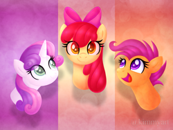 Size: 1978x1489 | Tagged: safe, artist:kimmyartmlp, character:apple bloom, character:scootaloo, character:sweetie belle, species:pony, episode:growing up is hard to do, g4, my little pony: friendship is magic, abstract background, adorabloom, bust, colored pupils, cute, cutealoo, cutie mark crusaders, diasweetes, digital art, eye clipping through hair, female, front view, full face view, heart eyes, looking at you, mare, older, older apple bloom, older cmc, older scootaloo, older sweetie belle, open mouth, open smile, portrait, smiling, smiling at you, starry eyes, three quarter view, wingding eyes