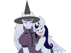 Size: 2732x2048 | Tagged: safe, artist:blacksky1113, artist:icey-wicey-1517, edit, character:inky rose, character:moonlight raven, species:pegasus, species:pony, species:unicorn, candy, cape, clothing, color edit, colored, cute, dress, eyes closed, fangs, female, food, halloween, hat, holiday, hug, inkyraven, lesbian, mare, open mouth, shipping, simple background, skirt, transparent background, vampire, winghug, witch, witch costume, witch hat