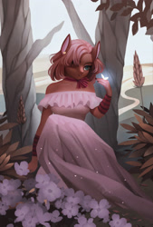 Size: 2008x2972 | Tagged: safe, artist:frieder1, oc, oc only, species:anthro, species:earth pony, species:pony, anthro oc, bow, clothing, dress, female, firefly, flower, forest, insect, mare, ribbon, solo, ych result