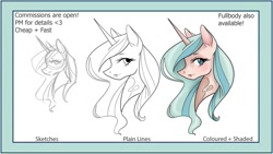 Size: 1189x672 | Tagged: safe, artist:pockypocky, species:pony, species:unicorn, bust, ceap, clean lines, colored, commission, cute, female, mare, open, pastel, portrait, reference, shading, solo, update