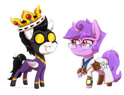 Size: 1200x922 | Tagged: safe, artist:ghostlymarie, oc, oc only, oc:pipe dream, oc:technical circuits, species:pegasus, species:pony, species:unicorn, fallout equestria, armor, chibi, clothing, commission, costume, couple, cracked horn, crossover, crown, cutie mark, glasses, goggles, horn, jewelry, lab coat, necklace, pipbuck, red eyes, regalia, shadowbolts, shadowbolts costume