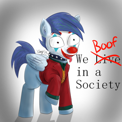 Size: 1200x1200 | Tagged: safe, artist:kalashnikitty, oc, oc only, oc:slipstream, species:pony, boofy, boofy is a good boy, collar, crazy face, faec, makeup, male, solo, spiked collar, stallion, text, the joker, we live in a society