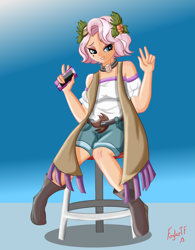 Size: 3863x4963 | Tagged: safe, artist:foylertf, character:vignette valencia, g4, my little pony: equestria girls, my little pony:equestria girls, beauty mark, cellphone, clothing, female, flower, flower in hair, holly, human coloration, peace sign, phone, shorts, simple background, sitting, smartphone, stool, vignette valencia