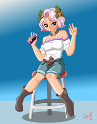 Size: 3863x4963 | Tagged: safe, alternate version, artist:foylertf, character:vignette valencia, g4, my little pony: equestria girls, my little pony:equestria girls, bare shoulders, cellphone, clothing, flower, flower in hair, holly, human coloration, looking at you, peace sign, phone, shorts, simple background, sitting, smartphone, vignette valencia