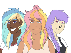 Size: 2732x2048 | Tagged: safe, artist:blacksky1113, artist:icey-wicey-1517, edit, oc, oc only, oc:broken gears, oc:joyful citrine, oc:pastel aerosol, species:human, clothing, color edit, colored, dark skin, eye scar, female, humanized, humanized oc, multicolored hair, nose piercing, nose ring, overalls, piercing, scar, shirt, simple background, t-shirt, tank top, transparent background