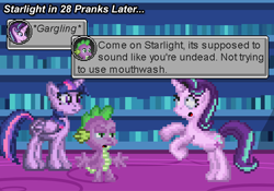 Size: 640x448 | Tagged: safe, artist:akumath, character:spike, character:starlight glimmer, character:twilight sparkle, character:twilight sparkle (alicorn), species:alicorn, species:pony, episode:28 pranks later, g4, my little pony: friendship is magic, bookshelf, library, pixel art, pretending, zombie