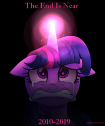 Size: 688x828 | Tagged: safe, artist:kimmyartmlp, character:twilight sparkle, character:twilight sparkle (alicorn), species:alicorn, species:pony, black background, crying, dark, end of ponies, faec, female, floppy ears, glowing horn, horn, mare, simple background