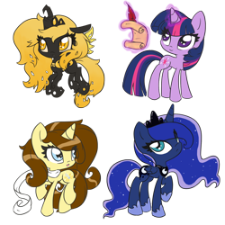 Size: 1500x1500 | Tagged: safe, artist:piichu-pi, character:princess luna, character:twilight sparkle, character:twilight sparkle (unicorn), oc, oc:eclair, oc:princess aurelia, species:alicorn, species:pony, species:unicorn, changeling queen, changeling queen oc, chibi, clothing, female, magic, mare, one hoof raised, quill, scarf, scroll, simple background, telekinesis, transparent background, writing, yellow changeling