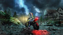 Size: 3840x2160 | Tagged: safe, artist:popa-3d-animations, character:rainbow dash, my little pony:equestria girls, 3d, awesome, converse, cool, epic, female, motorcycle, rain, scenery, shoes, solo