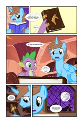 Size: 738x1083 | Tagged: safe, artist:koolfrood, character:spike, oc, oc:ian denney, comic:ian's story, book, comic, golden oaks library, mare in the moon, moon