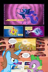 Size: 738x1083 | Tagged: safe, artist:koolfrood, character:nightmare moon, character:princess luna, oc, oc:ian denney, species:pony, comic:ian's story, book, comic, golden oaks library
