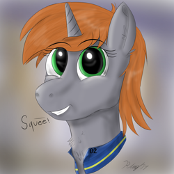 Size: 1600x1600 | Tagged: safe, artist:kalashnikitty, oc, oc only, oc:littlepip, species:pony, species:unicorn, fallout equestria, boopable, bust, clothing, cute, fanfic, fanfic art, female, grin, horn, mare, pipbuck, portrait, smiling, solo, squee, vault suit