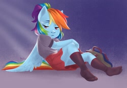 Size: 1600x1114 | Tagged: safe, artist:hollybright, character:rainbow dash, species:anthro, species:pegasus, species:plantigrade anthro, species:pony, backpack, blouse, clothing, cute, feet, female, human facial structure, mare, miniskirt, ponytail, signature, simple background, sitting, skirt, skirt lift, socks, solo, thighs, tired