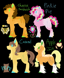 Size: 1000x1200 | Tagged: safe, artist:lepiswerid, character:applejack, character:caramel, character:cheese sandwich, character:pinkie pie, species:pony, marsverse, ship:carajack, ship:cheesepie, alternate design, black background, coat markings, colored hooves, female, male, shipping, simple background, straight, unshorn fetlocks