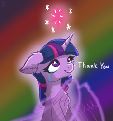 Size: 1537x1639 | Tagged: safe, artist:nighty, derpibooru original, character:twilight sparkle, character:twilight sparkle (alicorn), character:twilight sparkle (unicorn), species:alicorn, species:pony, species:unicorn, artificial wings, augmented, chest fluff, crying, cutie mark, ear fluff, end of ponies, female, fluffy, happy birthday mlp:fim, horn, magic, magic wings, mlp fim's ninth anniversary, rainbow background, smiling, solo, tears of joy, wings