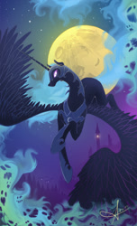 Size: 700x1152 | Tagged: safe, artist:jaeneth, character:nightmare moon, character:princess luna, species:alicorn, species:pony, female, flying, glowing eyes, mare, moon, nightmare night, slit eyes, slit pupils, solo