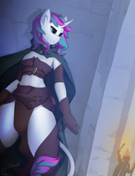 Size: 1920x2500 | Tagged: safe, artist:okata, oc, oc only, oc:diamond mind, species:anthro, species:pony, species:unicorn, against wall, cloak, clothing, hiding, leonine tail, loincloth, midriff, skimpy outfit, torch, ych result