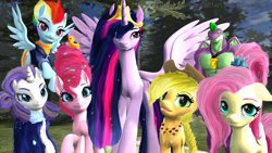Size: 1280x720 | Tagged: safe, artist:zsnowfilez, character:applejack, character:fluttershy, character:pinkie pie, character:rainbow dash, character:rarity, character:spike, character:twilight sparkle, character:twilight sparkle (alicorn), species:alicorn, species:pony, episode:the last problem, g4, my little pony: friendship is magic, 3d, gigachad spike, mane seven, mane six, older, older applejack, older fluttershy, older mane seven, older mane six, older pinkie pie, older rainbow dash, older rarity, older spike, older twilight, princess twilight 2.0, source filmmaker