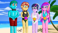 Size: 960x540 | Tagged: safe, artist:pabrony83, character:dean cadance, character:princess cadance, character:sunset shimmer, character:twilight sparkle, character:twilight sparkle (scitwi), oc, oc:azure glide, species:eqg human, ship:scitwishimmer, ship:sunsetsparkle, my little pony:equestria girls, alternate hairstyle, beach, blushing, bouquet, breasts, butt tattoo, cleavage, clothing, cutie mark, female, flower, glasses, lesbian, marriage, shipping, sideboob, swimsuit, wedding